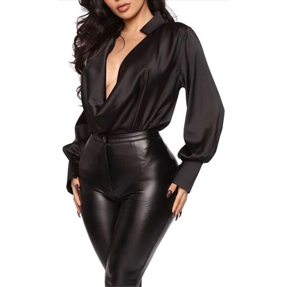 NEW Satin Collar Neck Drape Ruched Front Blouse M - Picture 4 of 6